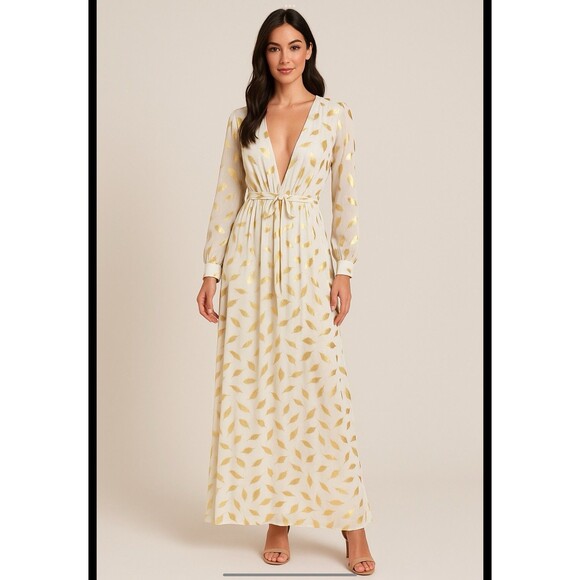 Miss Ord Dresses & Skirts - Glamour White Gold Foil Maxi Dress Long Large Sheer Evening Gown V-Neck 0216